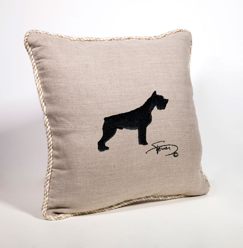 Coixí amb pestanya i motiu brodat amb llana Schnauzer