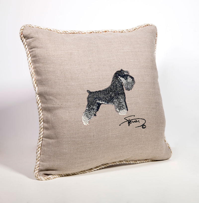 Cushion with tab and embroidered pattern in wool Schnauzer Pepper