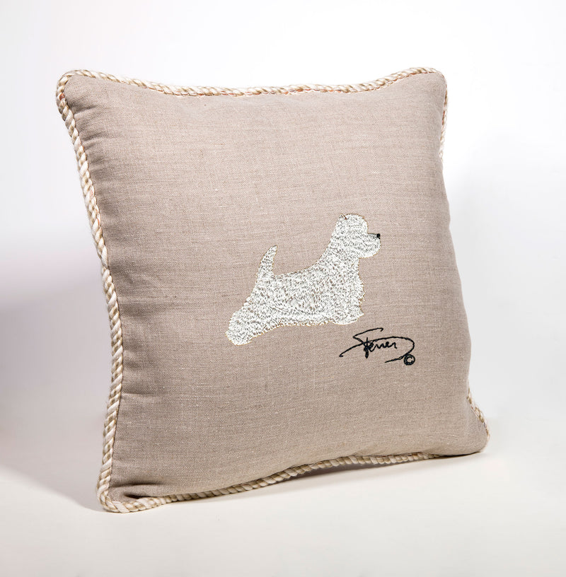 Coixí amb pestanya i motiu brodat amb llana West Highland Terrier